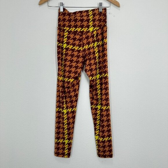 Aerie Real Me Xtra 7/8 Leggings Brown Yellow Neon Houndstooth Women's‎ Medium - Picture 3 of 7